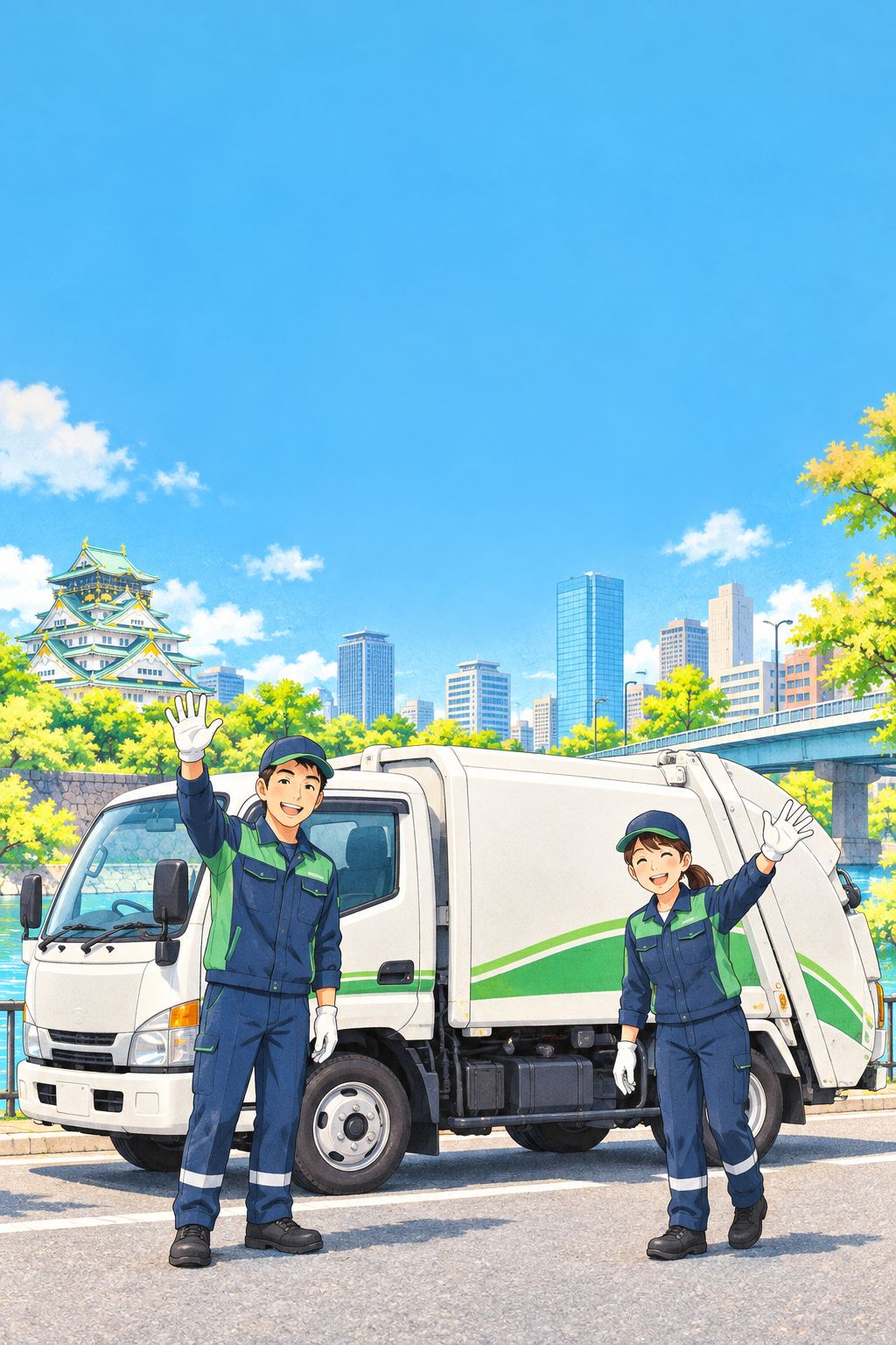 朝の大阪の街で、収集車の前から笑顔で手を振るスタッフ(イラスト)