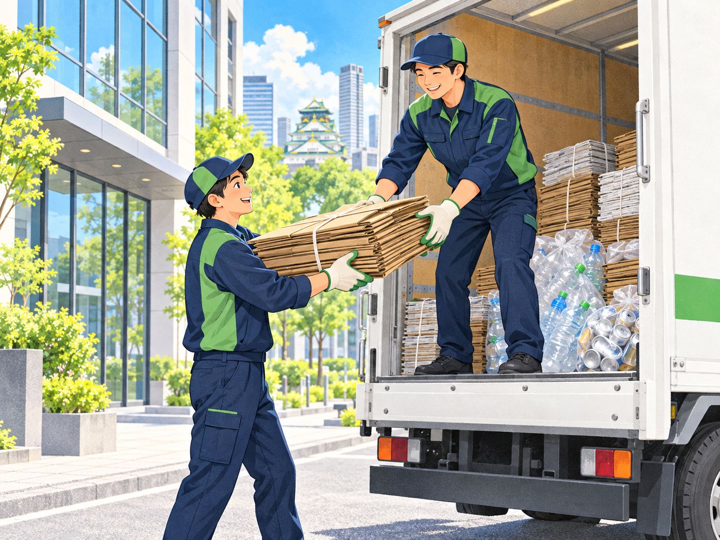晴れた日にリサイクル品をトラックに積むドライバー(イラスト)