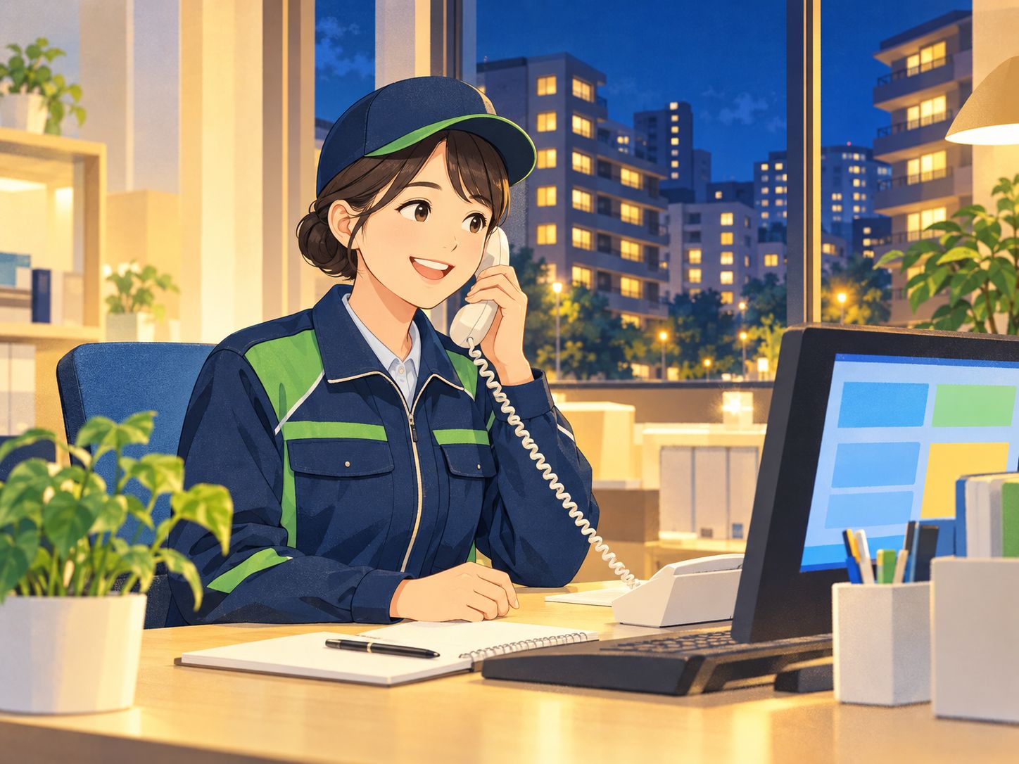 管理センターで電話対応するスタッフ(イラスト)