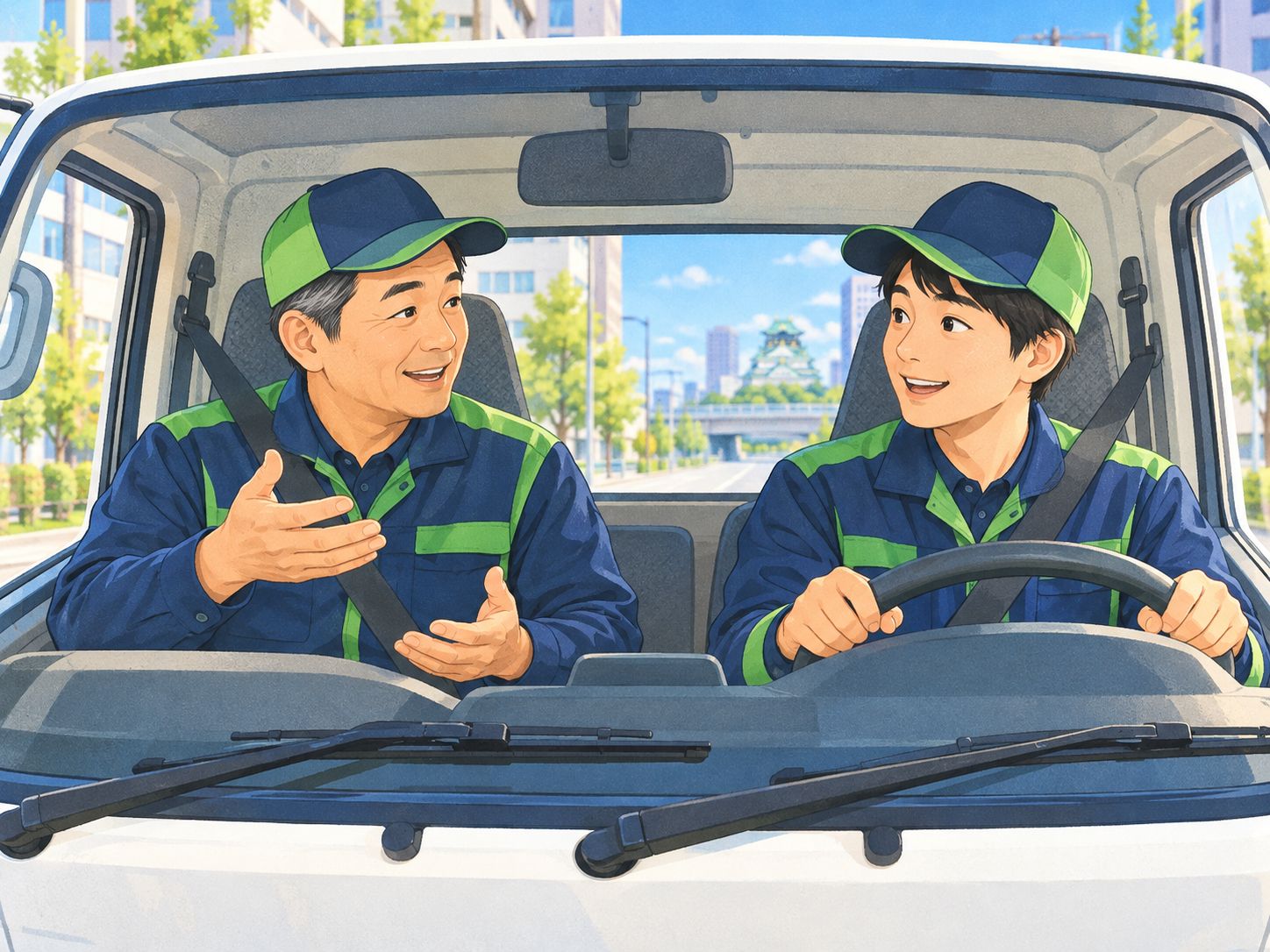 トラックの中で先輩が新人に教える様子(イラスト)