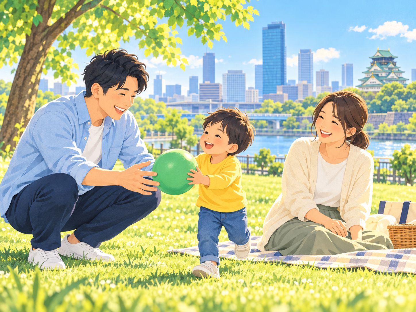 午後に公園で家族と過ごす様子(イラスト)